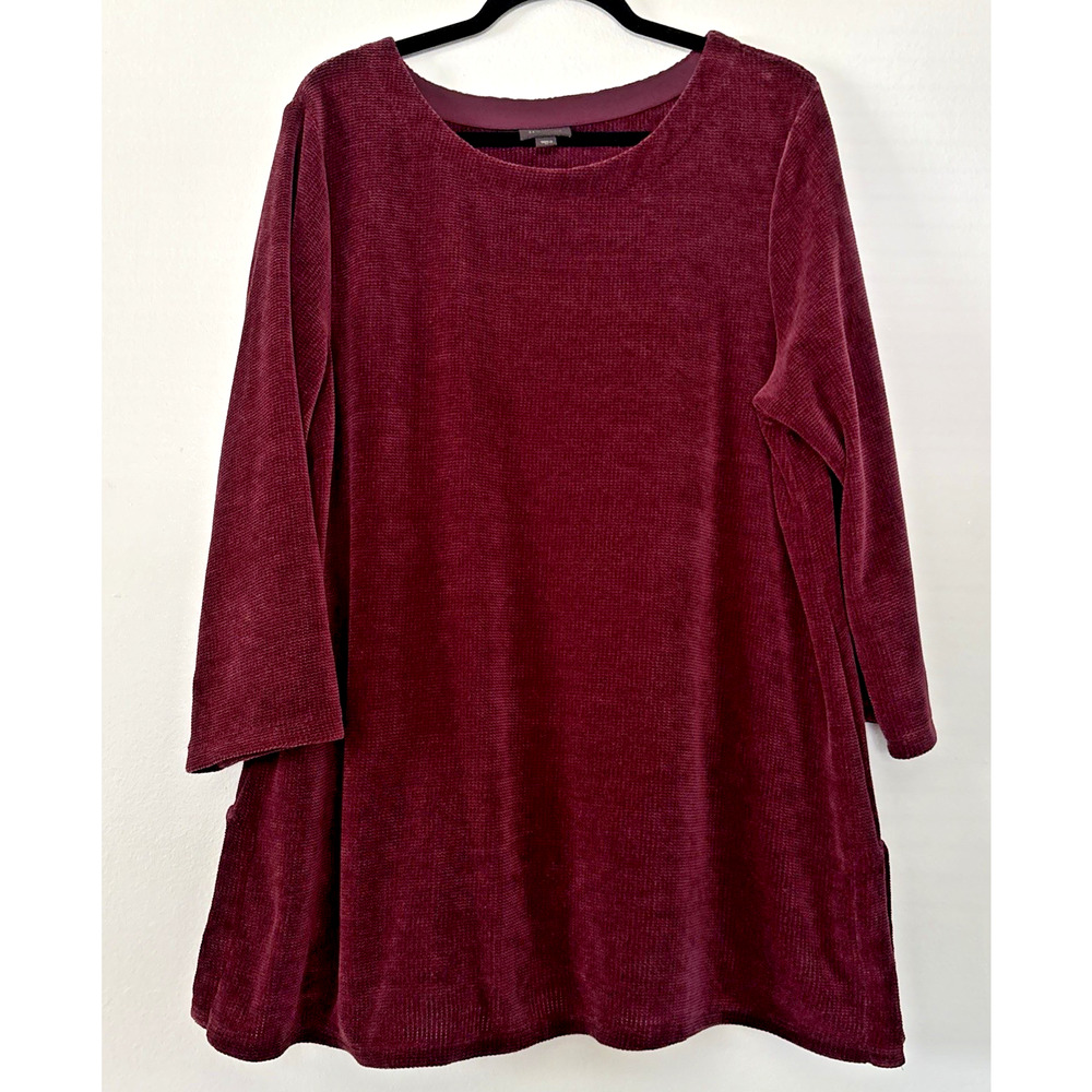 J Jill Wearever Burgundy 3/4 Sleeve Textured Top Heavyweight Side Slits Size XL